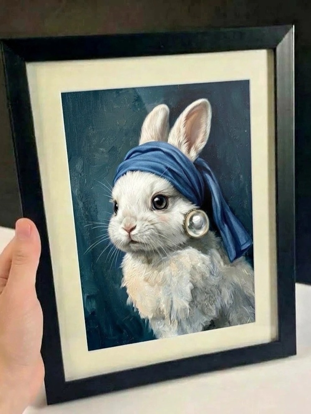 Framed Bunny Portrait Art Print  “Bunny with a Pearl Earring” Wall Decor